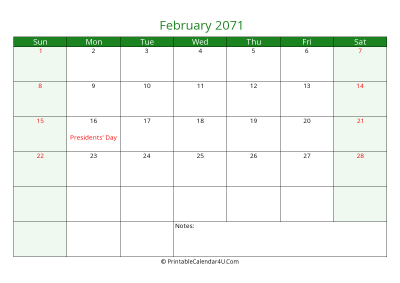 editable calendar february 2071 with us holidays