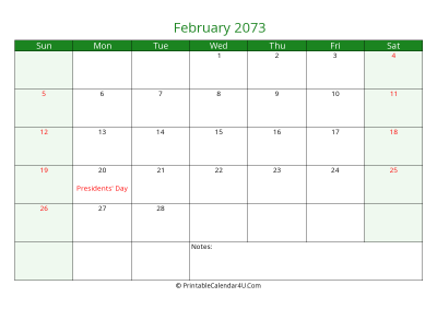 editable calendar february 2073 with us holidays