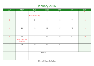 editable calendar january 2036 with us holidays