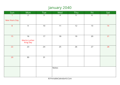editable calendar january 2040 with us holidays
