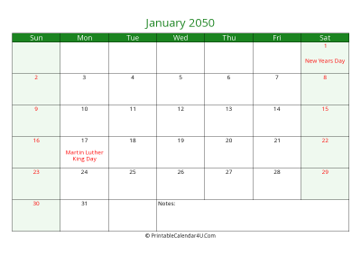editable calendar january 2050 with us holidays