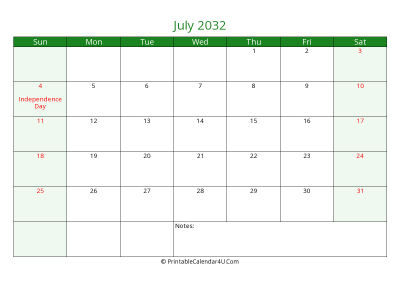 editable calendar july 2032 with us holidays