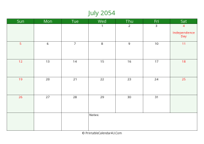 editable calendar july 2054 with us holidays