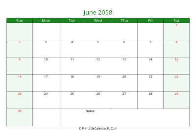 editable calendar june 2058 with us holidays