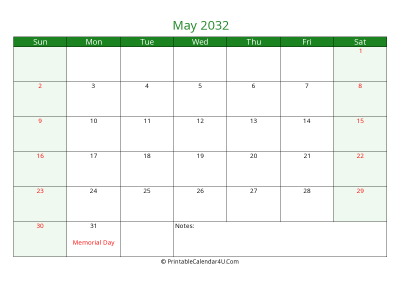 editable calendar may 2032 with us holidays