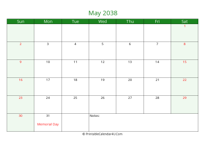 editable calendar may 2038 with us holidays
