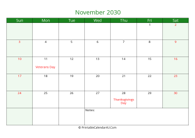 editable calendar november 2030 with us holidays