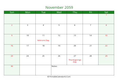 editable calendar november 2059 with us holidays