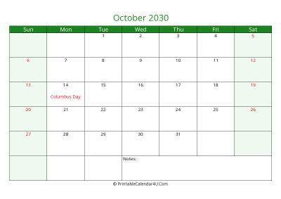 editable calendar october 2030 with us holidays