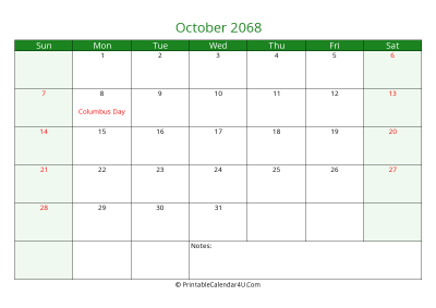 editable calendar october 2068 with us holidays