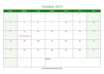 editable calendar october 2071 with us holidays