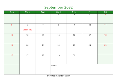 editable calendar september 2032 with us holidays