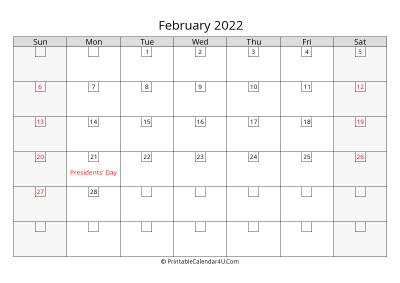 february 2022 calendar with days in box