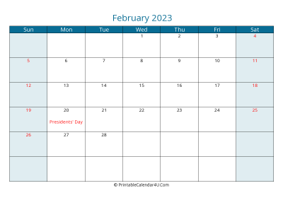 february 2023 calendar printable with us holidays, sunday start, landscape, letter paper size