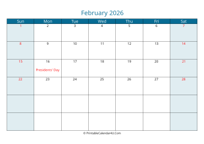 february 2026 calendar printable with us holidays, sunday start, landscape, letter paper size