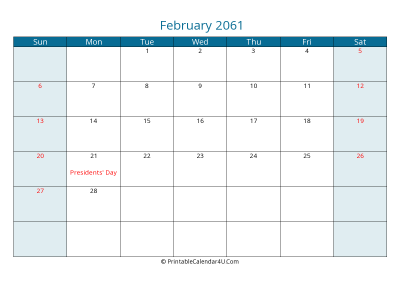 february 2061 calendar printable with us holidays, sunday start, landscape, letter paper size