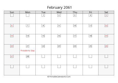 february 2061 calendar with days in box