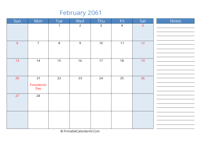 february 2061 printable calendar with us holidays, sunday start, side notes, landscape, letter