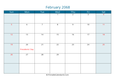 february 2068 calendar printable with us holidays, sunday start, landscape, letter paper size