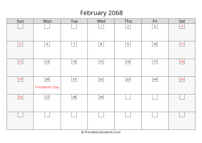 february 2068 calendar with days in box