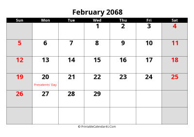 february 2068 editable calendar with large font size