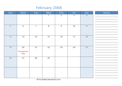 february 2068 printable calendar with us holidays, sunday start, side notes, landscape, letter