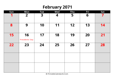 february 2071 editable calendar with large font size
