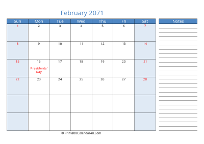 february 2071 printable calendar with us holidays, sunday start, side notes, landscape, letter