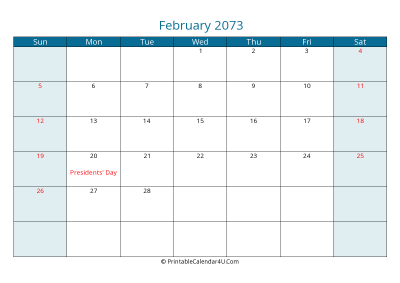 february 2073 calendar printable with us holidays, sunday start, landscape, letter paper size