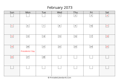 february 2073 calendar with days in box