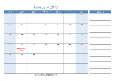 february 2073 printable calendar with us holidays, sunday start, side notes, landscape, letter