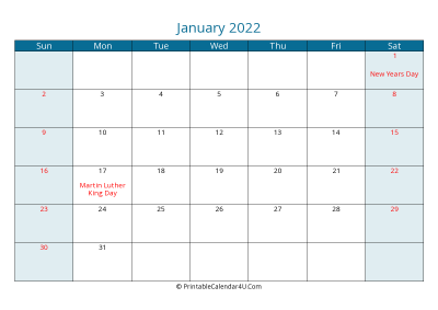 january 2022 calendar printable with us holidays, sunday start, landscape, letter paper size