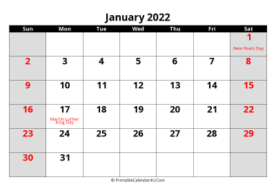 january 2022 editable calendar with large font size