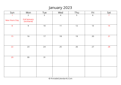 january 2023 calendar printable with uk bank holidays