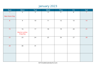january 2023 calendar printable with us holidays, sunday start, landscape, letter paper size