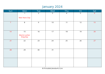 january 2024 calendar printable with us holidays, sunday start, landscape, letter paper size