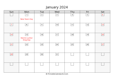 january 2024 calendar with days in box