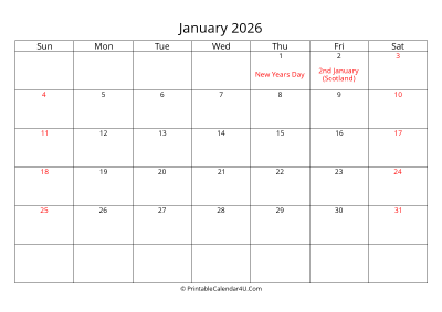 january 2026 calendar printable with uk bank holidays