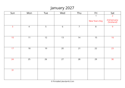 january 2027 calendar printable with uk bank holidays