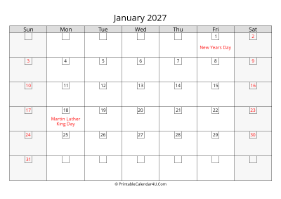 january 2027 calendar with days in box