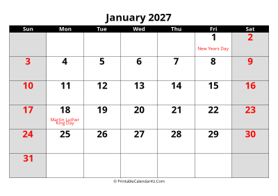 january 2027 editable calendar with large font size