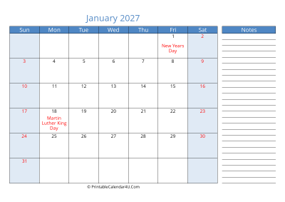 january 2027 printable calendar with us holidays, sunday start, side notes, landscape, letter
