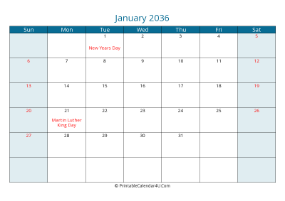 january 2036 calendar printable with us holidays, sunday start, landscape, letter paper size