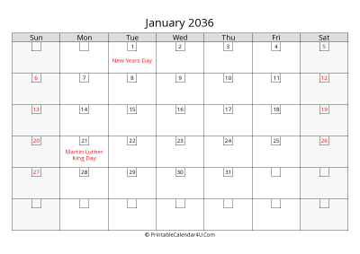 january 2036 calendar with days in box