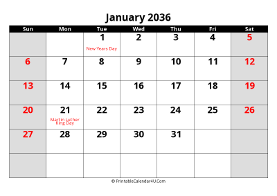 january 2036 editable calendar with large font size