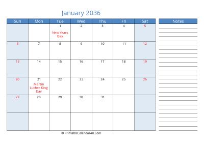january 2036 printable calendar with us holidays, sunday start, side notes, landscape, letter