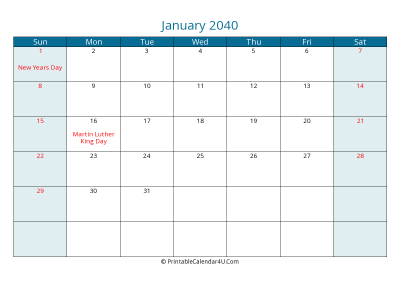 january 2040 calendar printable with us holidays, sunday start, landscape, letter paper size
