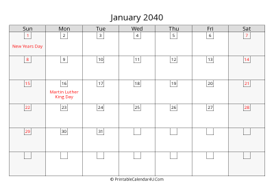 january 2040 calendar with days in box