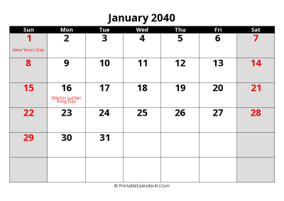 january 2040 editable calendar with large font size