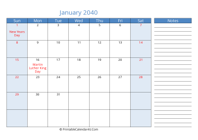 january 2040 printable calendar with us holidays, sunday start, side notes, landscape, letter